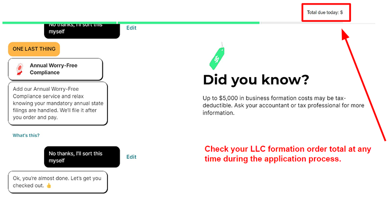 Screenshot of ZenBusiness order process price total