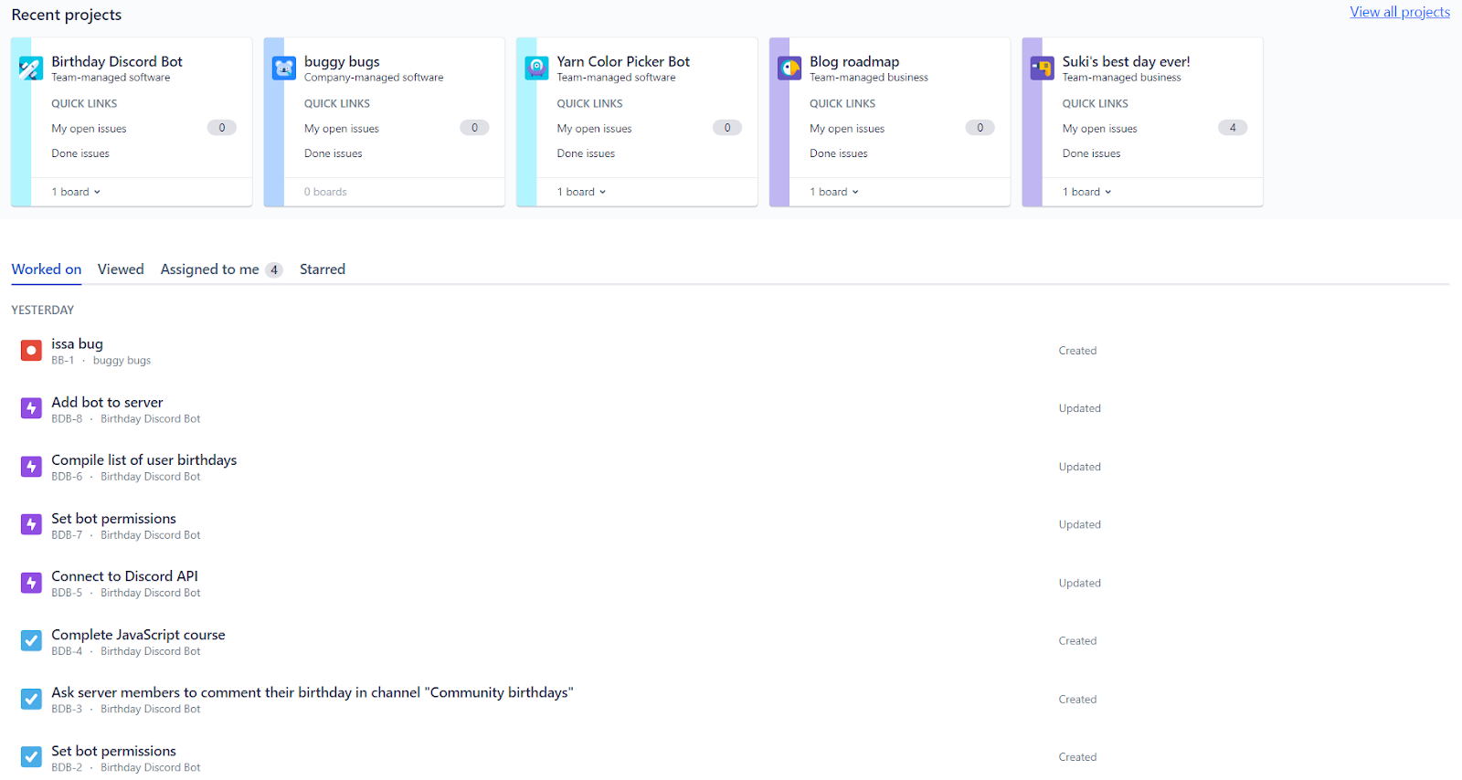 Jira's 'Your Work' tab showing different projects and tasks