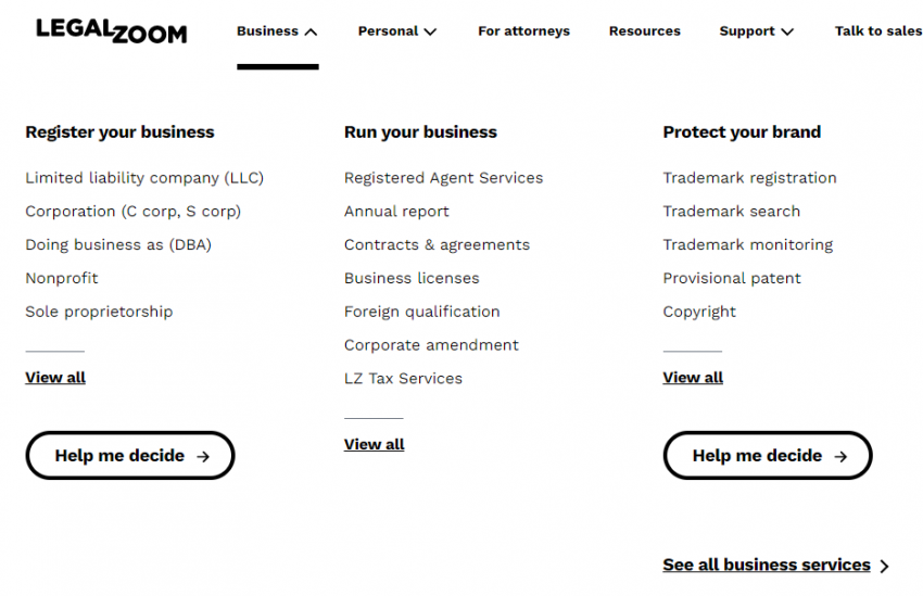 LegalZoom's additional filing and business administration services