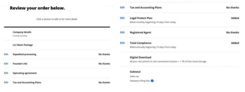 LegalZoom's order review page