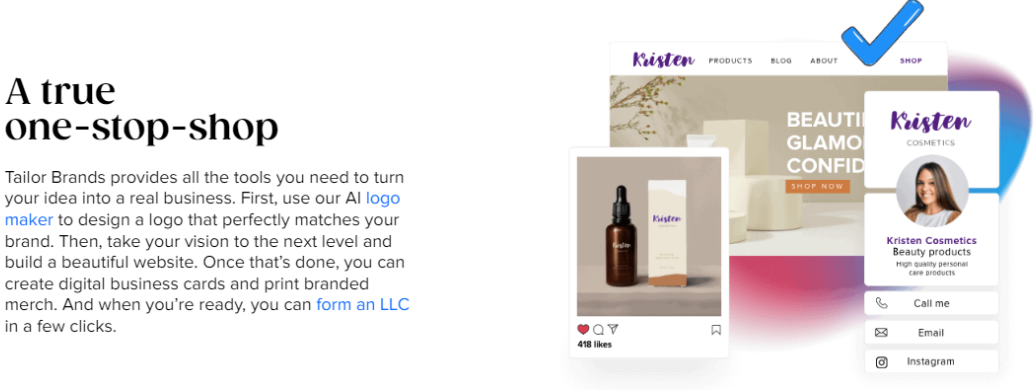 A screenshot depicting the one-stop-shop Tailor Brands approach that includes logos, website and an LLC