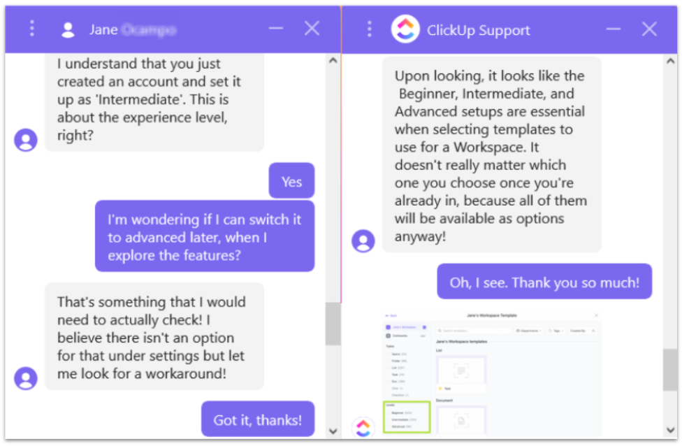 ClickUp support chat screen