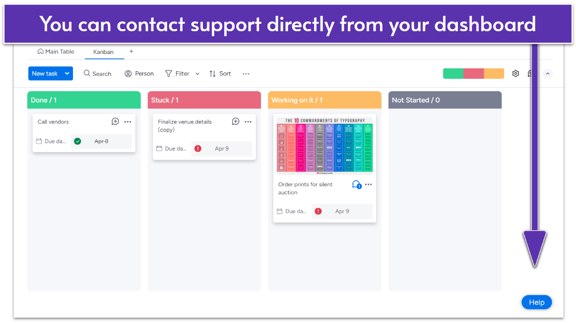 monday.com dashboard with Help button