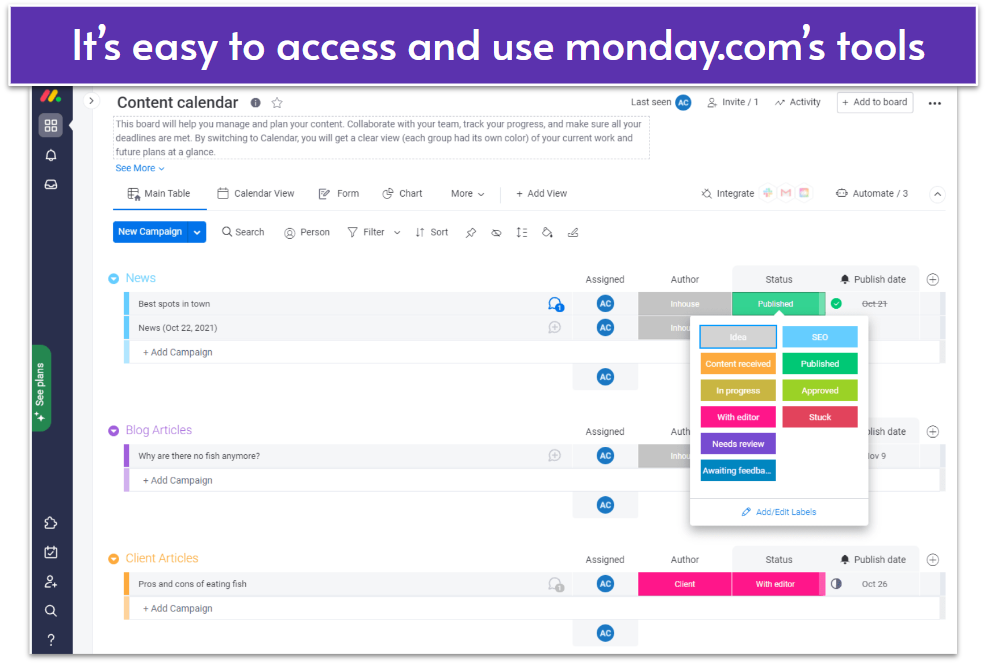 monday.com user interface