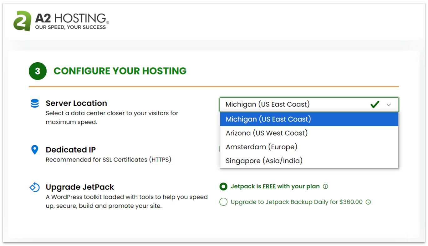 A2 Hosting sign up process page with data center locations