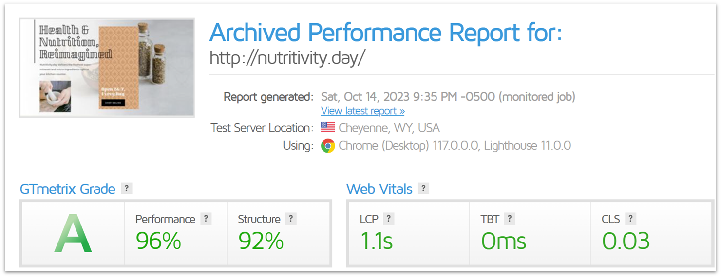 GTmetrix performance report for Website Planet's test website on InterServer