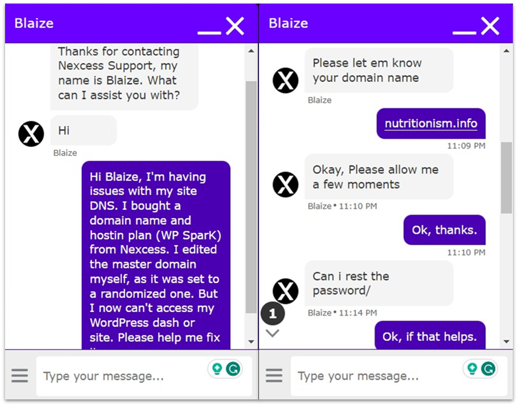 Nexcess' live chat support