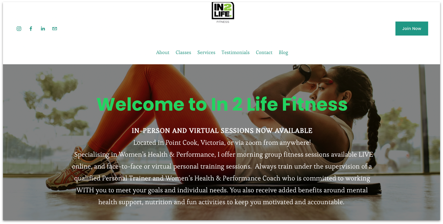 In 2 Life Fitness website home page