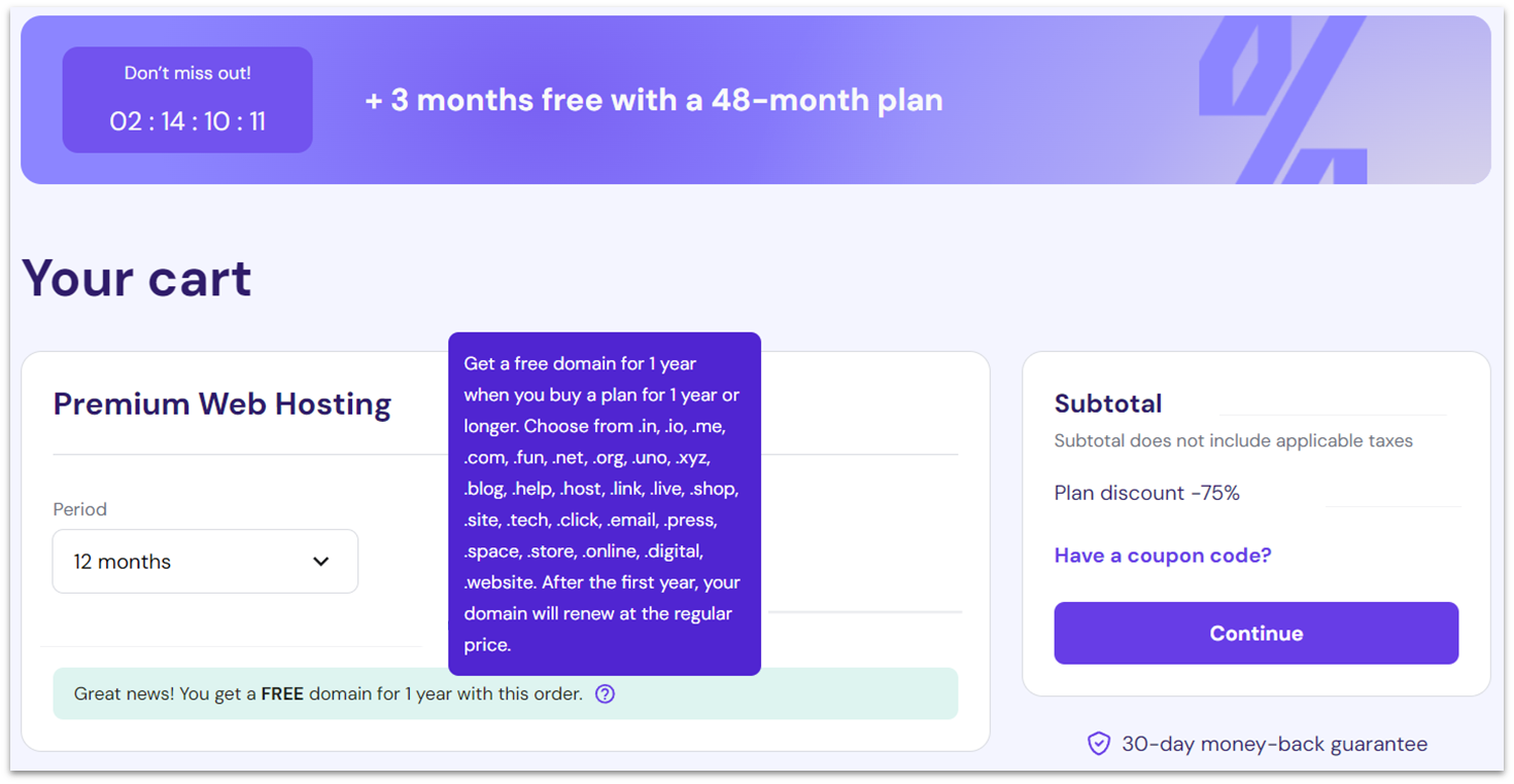 Hostinger checkout page with free domain offer