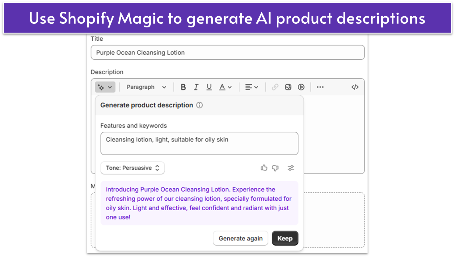 Screenshot of Shopify Magic generating AI product description