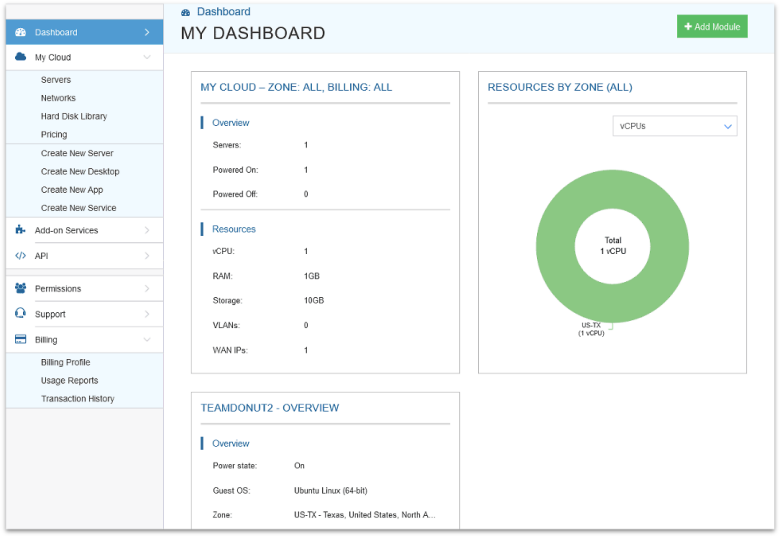 Kamatera dashboard showing server resource statistics.