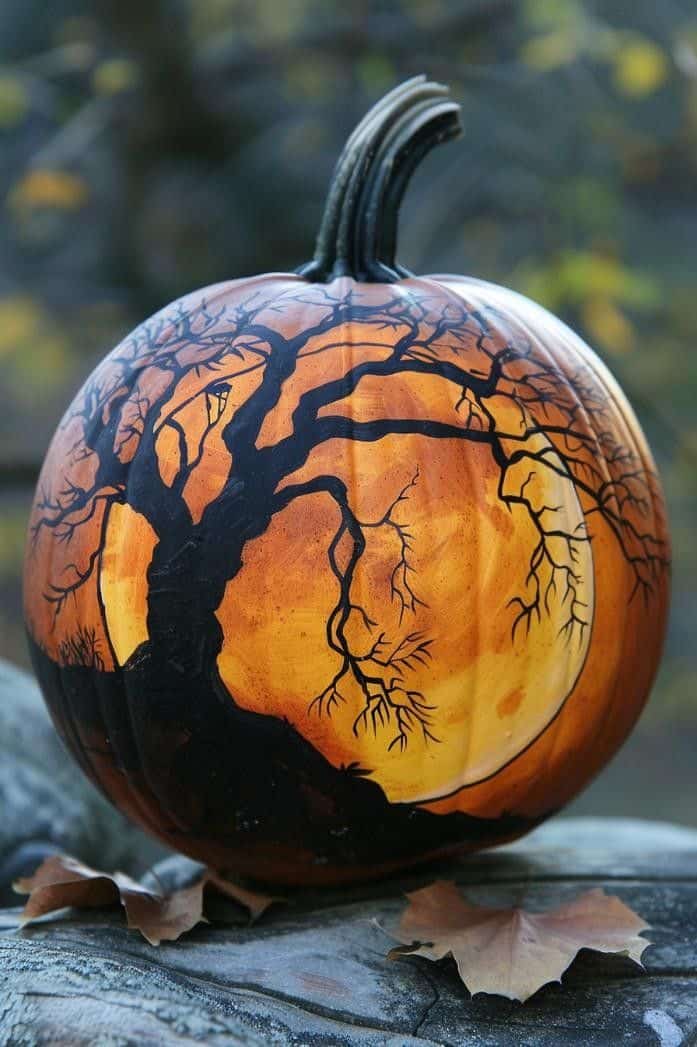 painted pumpkin with haunted tree for Halloween