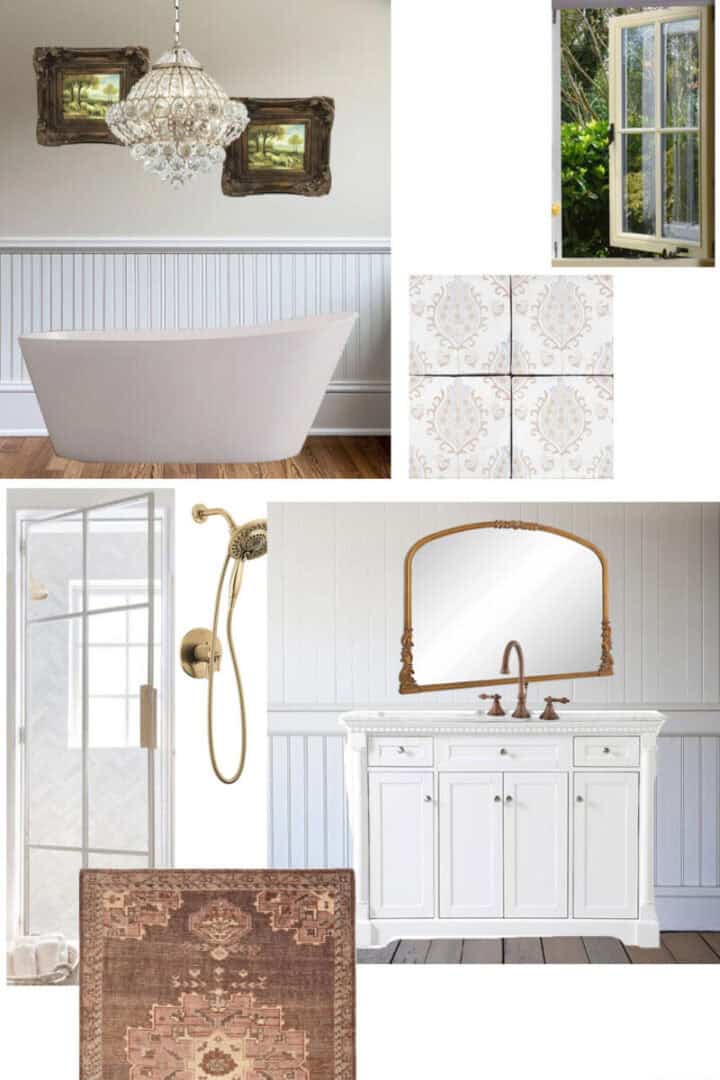 master bathroom mood board with white vanity