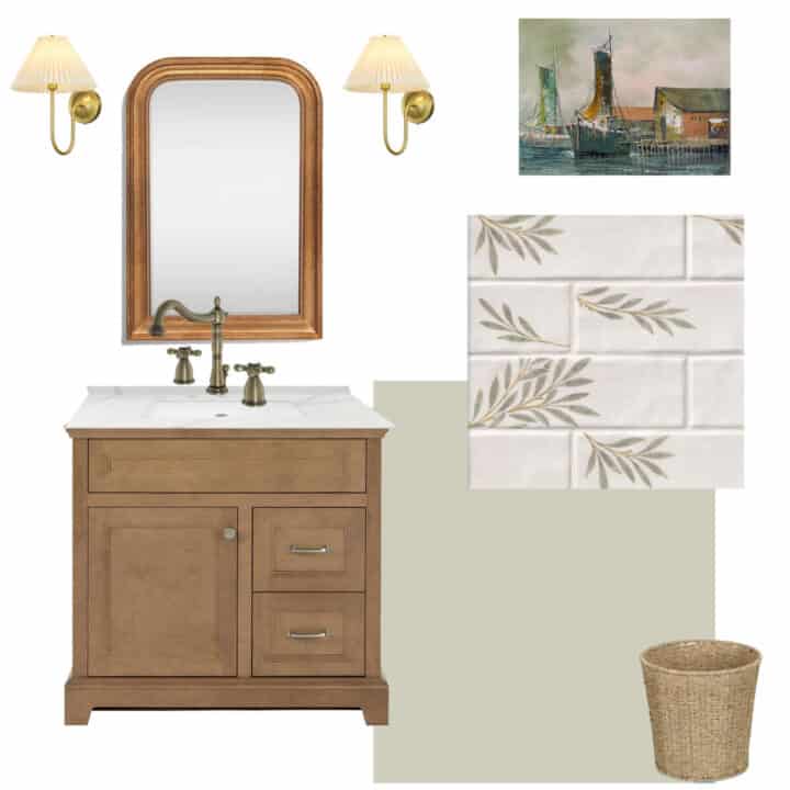 bathroom mood board with wood vanity and green accents