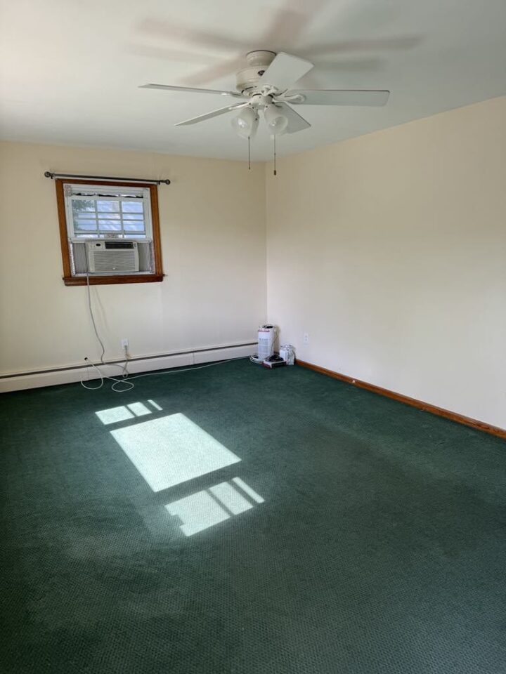 BEFORE - old living room with green carpeting 