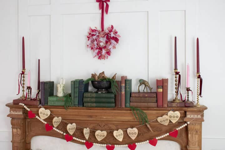 Valentine's day mantel decorations with wreath and garland